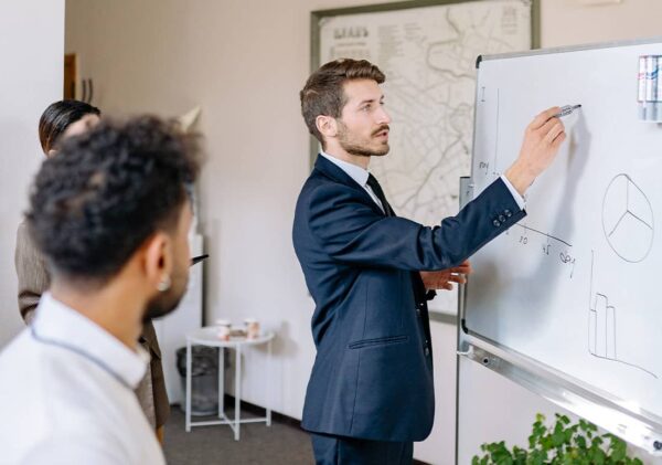Photo of two people collaborating at a whiteboard